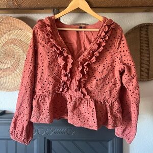 Boho Express Ruffle Eyelet Peplum Top rust/orange/pink large